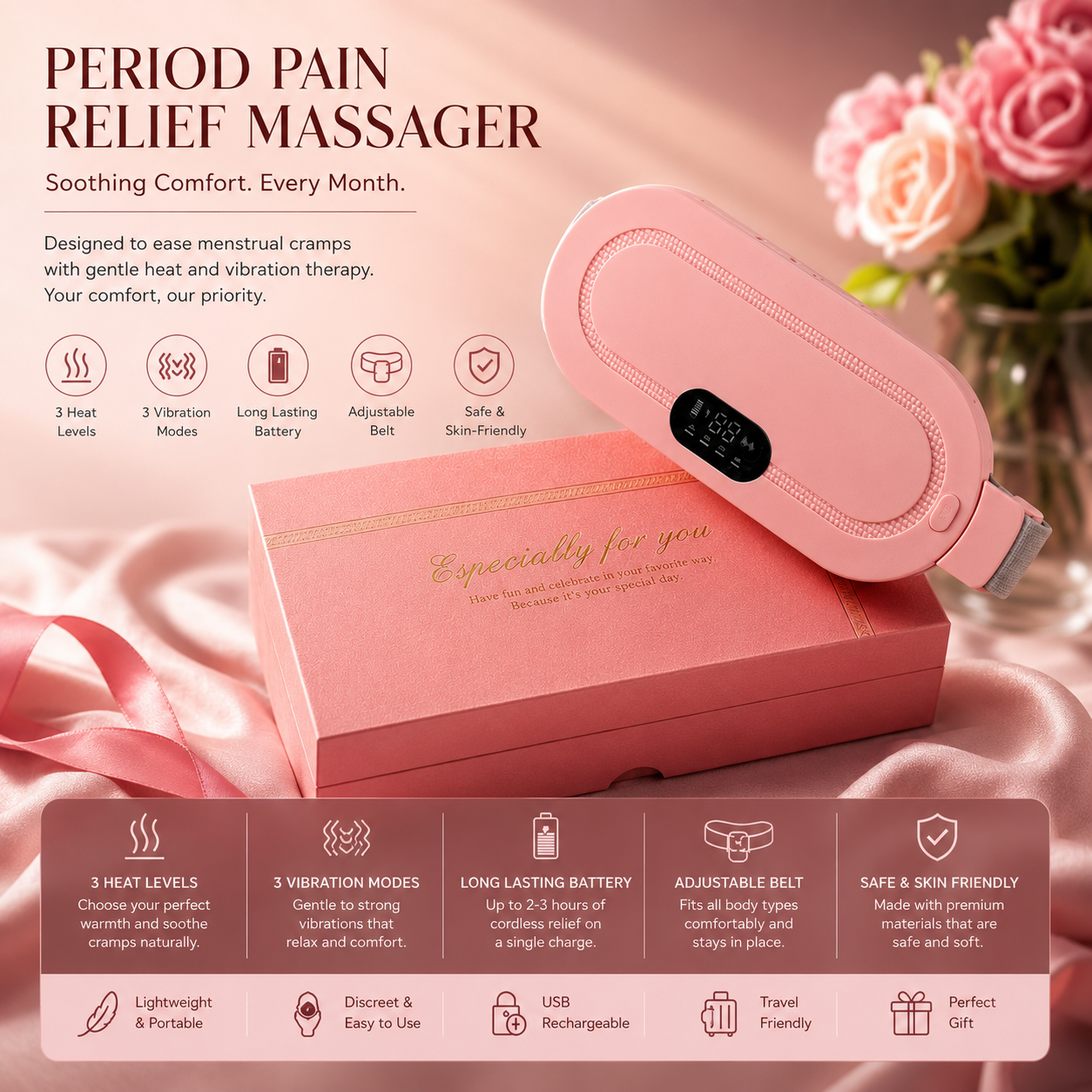 Portable Period Cramp Relief Heating & Massage Belt